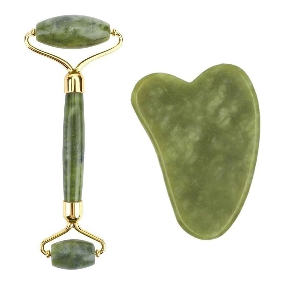 Rolo Jade + Placa Gua Sha Massagem Facial Anti Ruga
