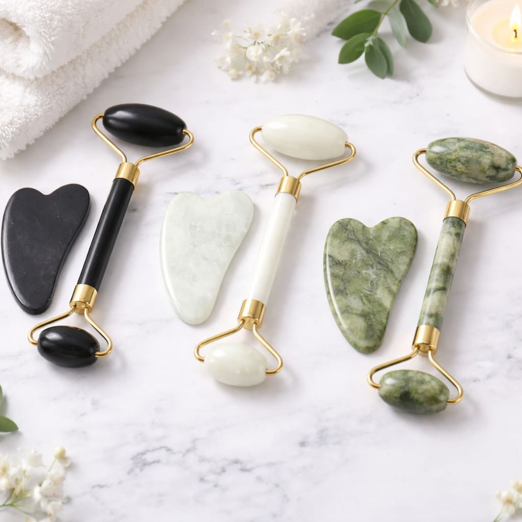 Rolo Jade + Placa Gua Sha Massagem Facial Anti Ruga