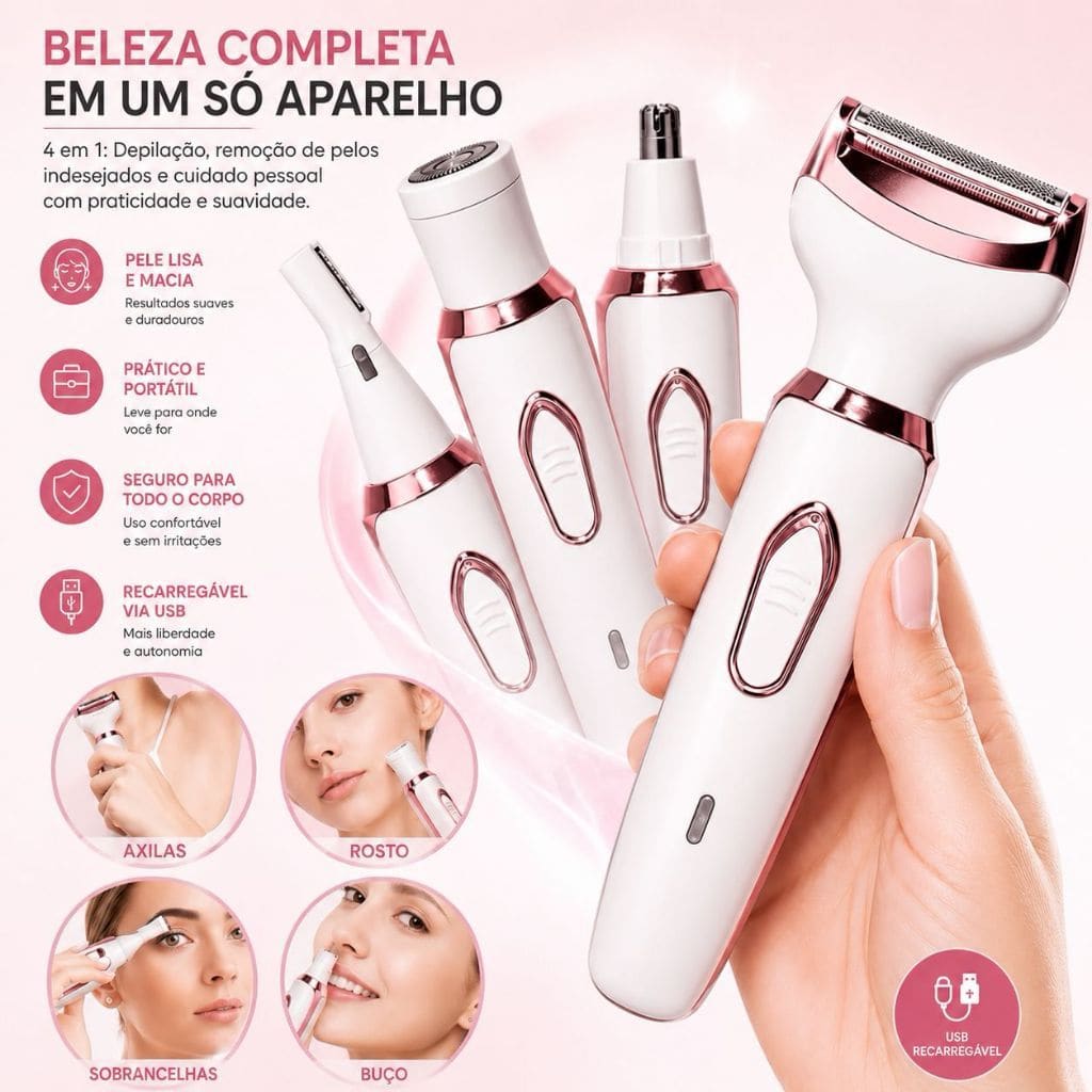 Aparador Feminino 4 Em 1 Recarregável USB Depilador Sobrancelha Nariz Axila Corpo 500mAh